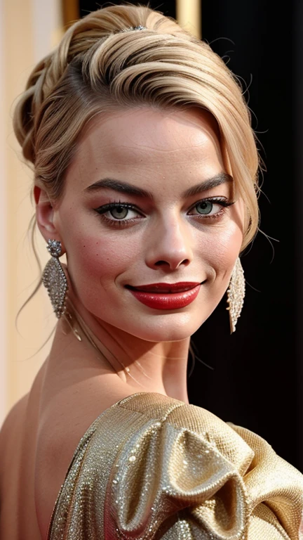 Margot Robbie with her hair up with painted lips dressed in glamorous clothes with a smile