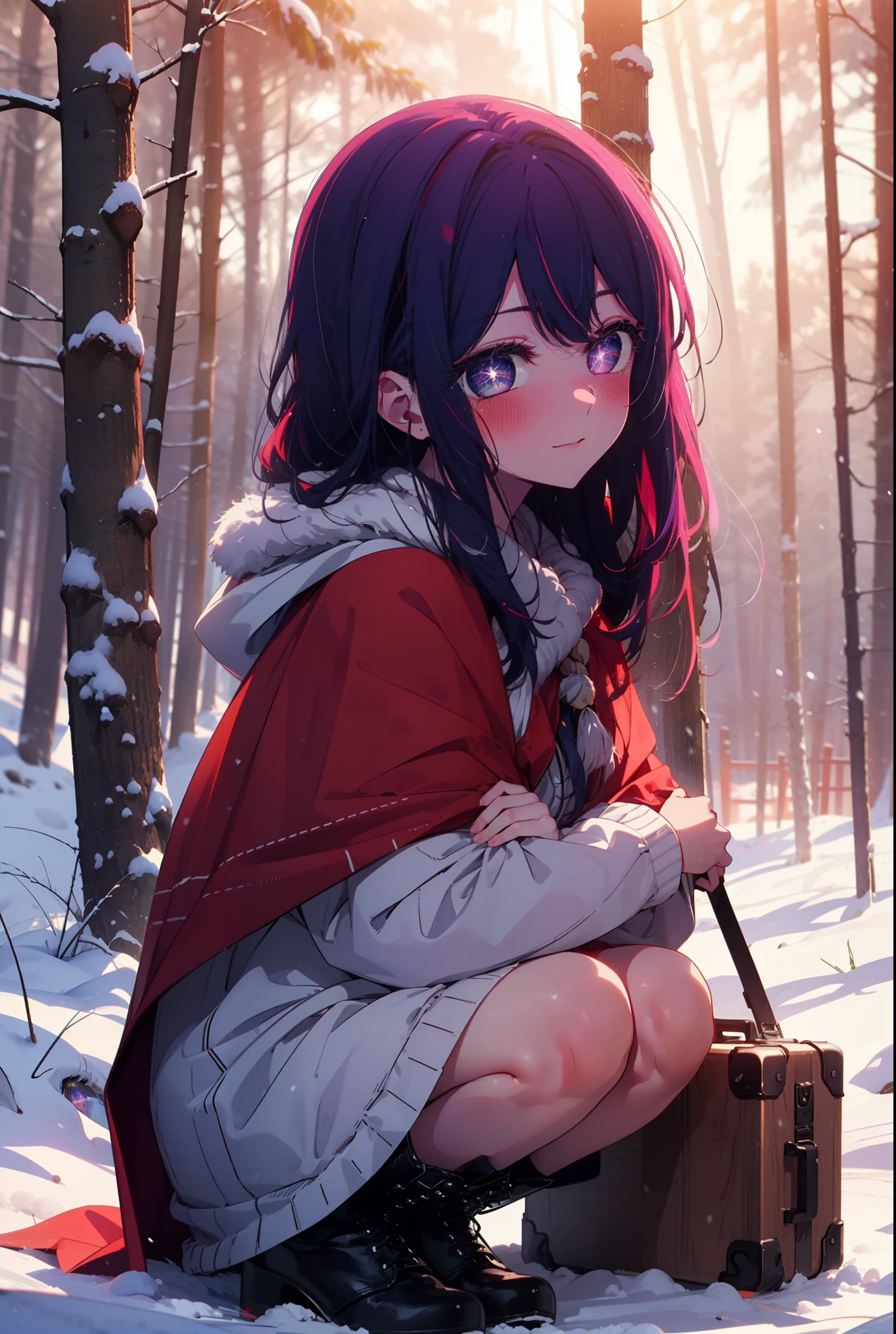 aihoshino, Ai Hoshino, Long Hair, bangs, (Purple eyes:1.1), Purple Hair, (Symbol-shaped pupil:1.5), smile,,smile,blush,White Breath,
Open your mouth,snow,Ground bonfire, Outdoor, boots, snowing, From the side, wood, suitcase, Cape, Blurred, , forest, White handbag, nature,  Squat, Mouth closed, Cape, winter, Written boundary depth, Black shoes, red Cape break looking at viewer, Upper Body, whole body, break Outdoor, forest, nature, break (masterpiece:1.2), Highest quality, High resolution, unity 8k wallpaper, (shape:0.8), (Beautiful and beautiful eyes:1.6), Highly detailed face, Perfect lighting, Highly detailed CG, (Perfect hands, Perfect Anatomy),