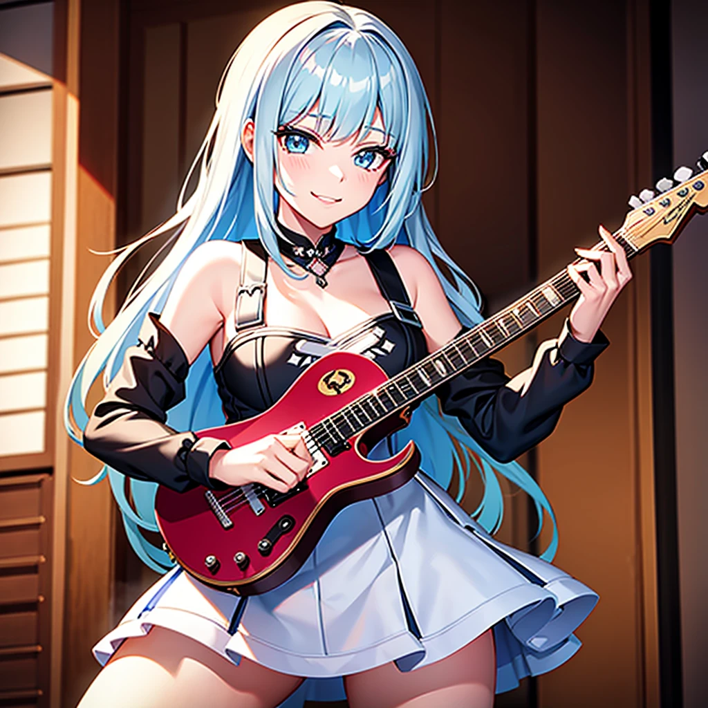 Princess of Heavy Metal in Cowgirl Style Fashion, stealy V-Shaped Guitar, Sassy Young Lady Guitarist Click Posing with wry smile, Uprising Her Guitar