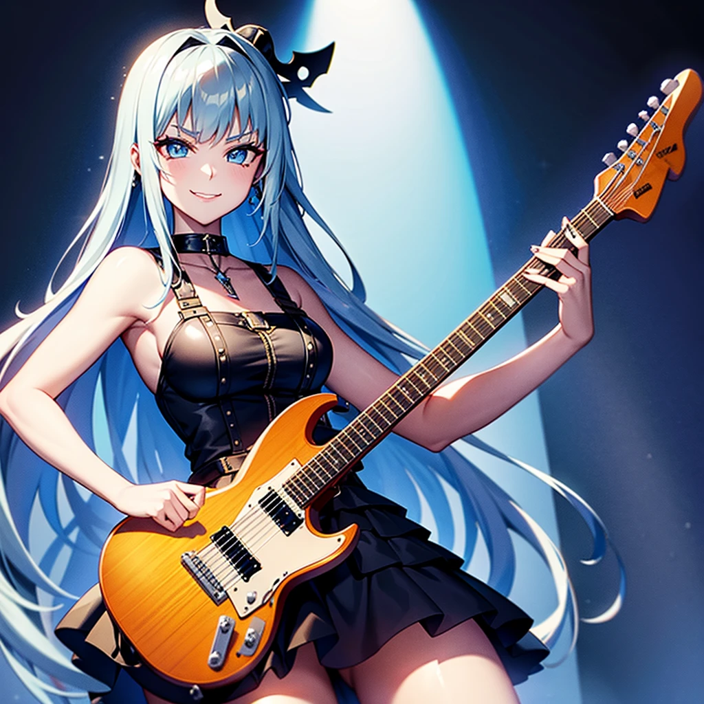 Princess of Heavy Metal in Cowgirl Style Fashion, stealy V-Shaped Guitar, Sassy Young Lady Guitarist Click Posing with wry smile, Uprising Her Guitar