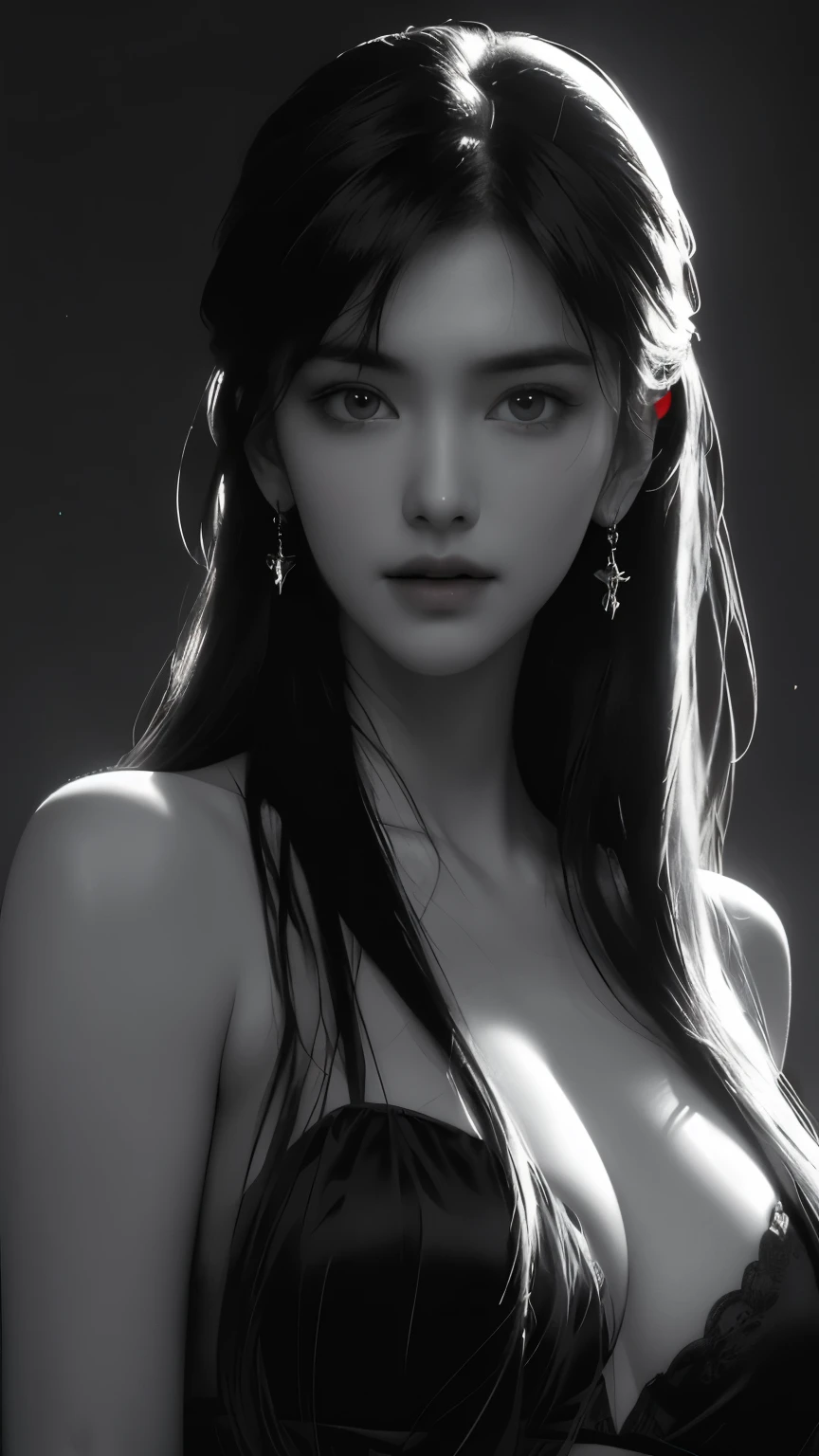 masterpiece, best quality, RAW photos, high resolution, hyper-detailing, Focus on the face, looking at viewer, Detailed eyebrows, realistic beautiful eyes, realistic glossy skin, straight Bangs, realistic movie lighting, detail shaded, high contrast, Slender, big boob, Big breasts, Exposed cleavage, nsfw, Sexy face, Facial expressions when receiving pleasure, ((Dark background)),