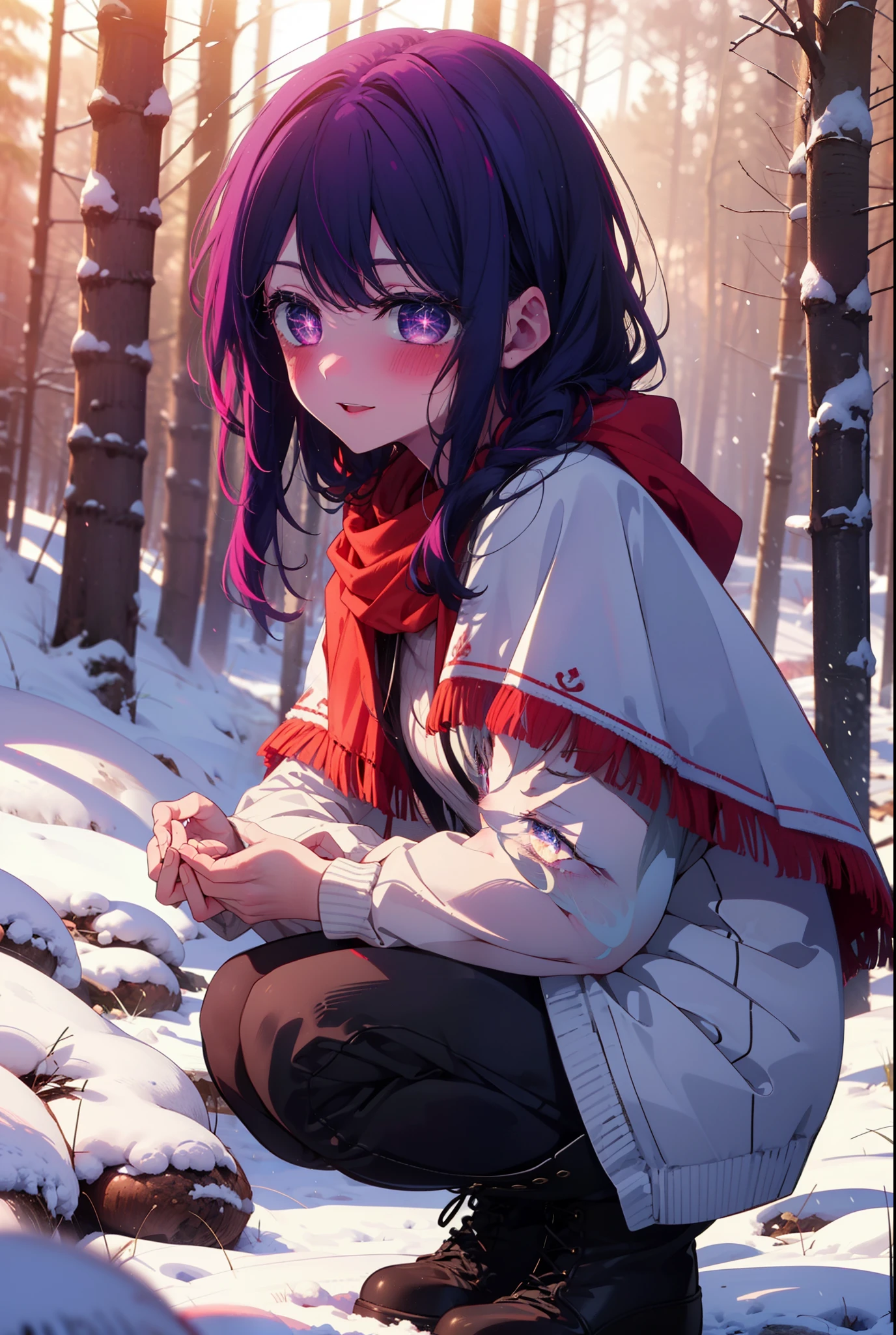 aihoshino, Ai Hoshino, Long Hair, bangs, (Purple eyes:1.1), Purple Hair, (Symbol-shaped pupil:1.5), smile,,smile,blush,White Breath,
Open your mouth,snow,Ground bonfire, Outdoor, boots, snowing, From the side, wood, suitcase, Cape, Blurred, , forest, White handbag, nature, Squat, Mouth closed, Cape, winter, Written boundary depth, Black shoes, red Cape break looking at viewer, Upper Body, whole body, break Outdoor, forest, nature, break (masterpiece:1.2), Highest quality, High resolution, unity 8k wallpaper, (shape:0.8), (Beautiful and beautiful eyes:1.6), Highly detailed face, Perfect lighting, Highly detailed CG, (Perfect hands, Perfect Anatomy),