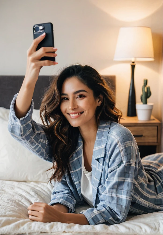 A Latina woman with long dark hair, dressed casually, is taking a selfie while lying on her bed in a cozy and intimate bedroom. The room features soft lighting, decorative pillows, and a stylish bedspread. She has a curvy body with thick legs and a beautiful face with minimal, natural makeup. She is holding her phone up with one hand, looking directly at the camera, and smiling naturally. The atmosphere is relaxed and inviting, capturing the comfort and intimacy of a private bedroom. Ensure that there are no visual bugs or distortions on her hands, feet, or any part of her body.