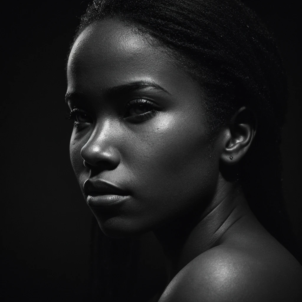 a beautiful black girl with a tear on her face and a black background, inspired by casey baugh, light falling on face, by casey baugh, stars in her gazing eyes, inspired by Roy DeCarava, noir photorealism, mysterious portrait of a woman, inspired by Anna Füssli, chiaroscuro portrait, grainy black and white photo. close up on side profile