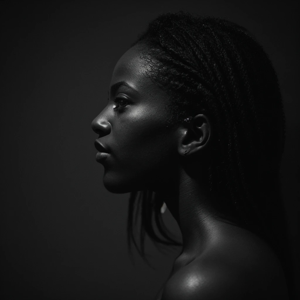 a beautiful black girl with a tear on her face and a black background, inspired by casey baugh, light falling on face, by casey baugh, stars in her gazing eyes, inspired by Roy DeCarava, noir photorealism, mysterious portrait of a woman, inspired by Anna Füssli, chiaroscuro portrait, grainy black and white photo. close up on side profile