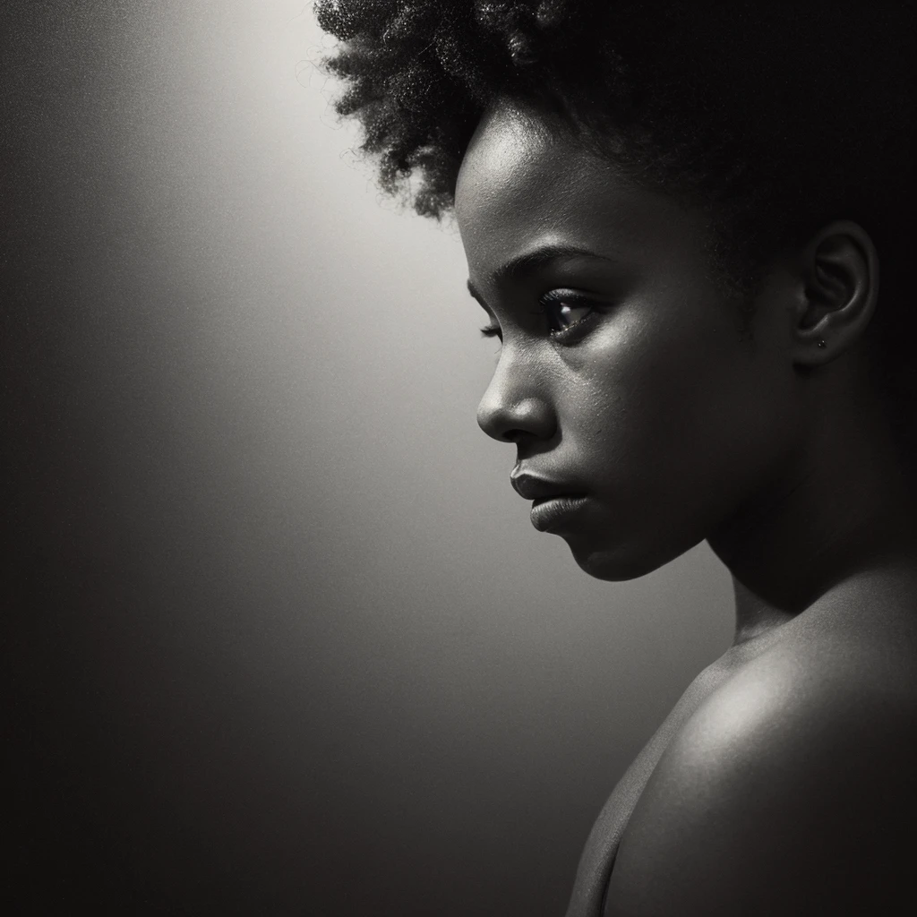a beautiful black girl with a tear on her face and a black background, inspired by casey baugh, light falling on face, by casey baugh, stars in her gazing eyes, inspired by Roy DeCarava, noir photorealism, mysterious portrait of a woman, inspired by Anna Füssli, chiaroscuro portrait, grainy black and white photo. close up on side profile