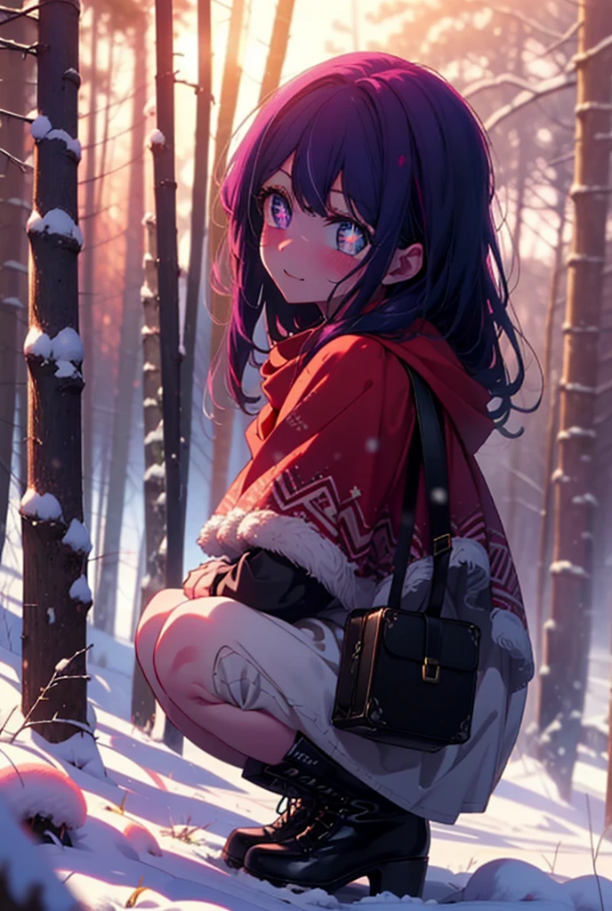 aihoshino, Ai Hoshino, Long Hair, bangs, (Purple eyes:1.1), Purple Hair, (Symbol-shaped pupil:1.5), smile,,smile,blush,White Breath,
Open your mouth,snow,Ground bonfire, Outdoor, boots, snowing, From the side, wood, suitcase, Cape, Blurred, , forest, White handbag, nature,  Squat, Mouth closed, Cape, winter, Written boundary depth, Black shoes, red Cape break looking at viewer, Upper Body, whole body, break Outdoor, forest, nature, break (masterpiece:1.2), Highest quality, High resolution, unity 8k wallpaper, (shape:0.8), (Beautiful and beautiful eyes:1.6), Highly detailed face, Perfect lighting, Highly detailed CG, (Perfect hands, Perfect Anatomy),