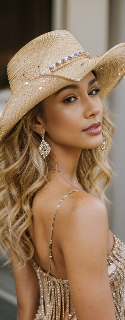 (best quality,8k,highres,masterpiece:1.2),photography,cinematic,woman's cowboy hat,modern luxury photography,close up photograph of sparkly crystal cowboy hat,upscale,brown skin female model,wearing rhinestone cowboy boots, NUDE, NAKED, ,over the shoulder,,curvy, curly hair, blonde,gold hoop earrings