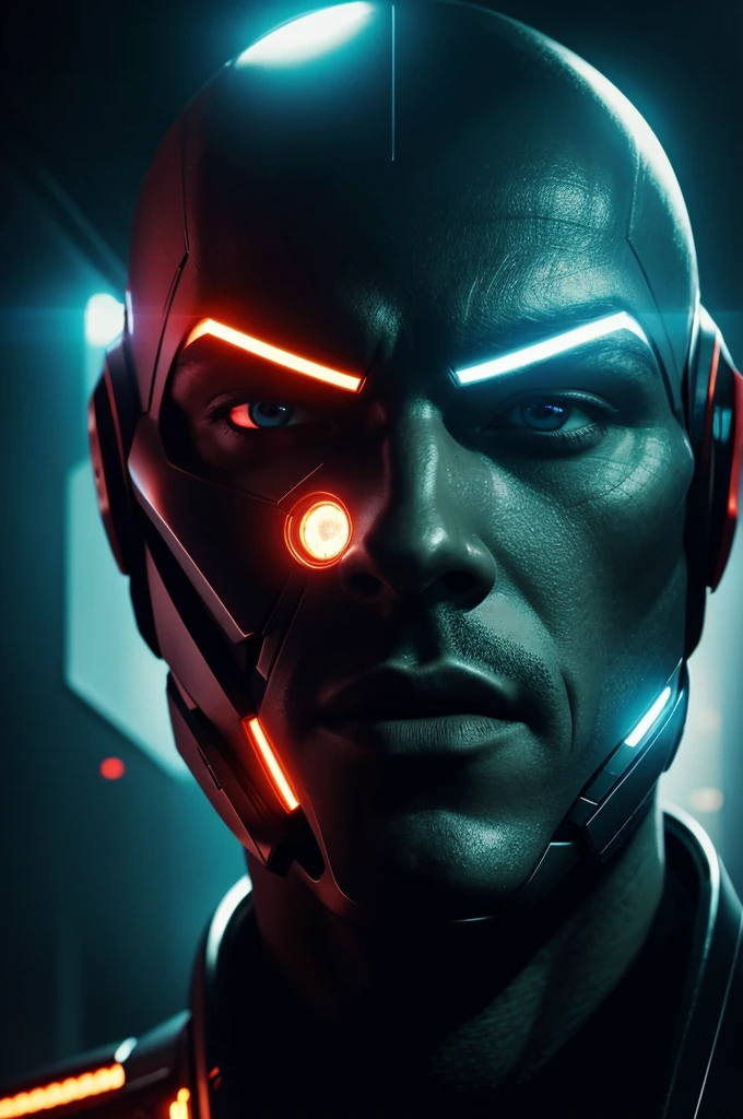 Intensely the film, a captivating poster. The composition exudes cinematic lighting and color gradation. Show the face of a Cyborg man, half of the face of a man and half of the face of a robot. With a futuristic atmosphere, with flashy lights.