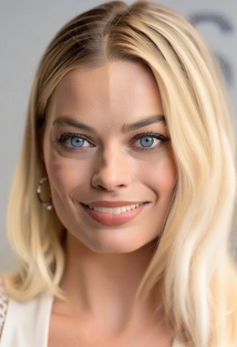 Full body photograph of MargotRobbie with long blonde hair posing for a portrait, smiling, white skin, blue eyes, Attractive beautiful face, (details on perfect nose and face) Beautiful attractive face, Beautiful face and flawless skin, Photo of a beautiful woman , Beautiful woman face, beautiful delicate face, Perfect face ), Beautiful perfect face, Beautiful features of a fine face, Attractive female face!!!, Portrait, Close-up of the perfect face, Perfect face model, white lingerie, modern lingerie , beautiful buttocks.