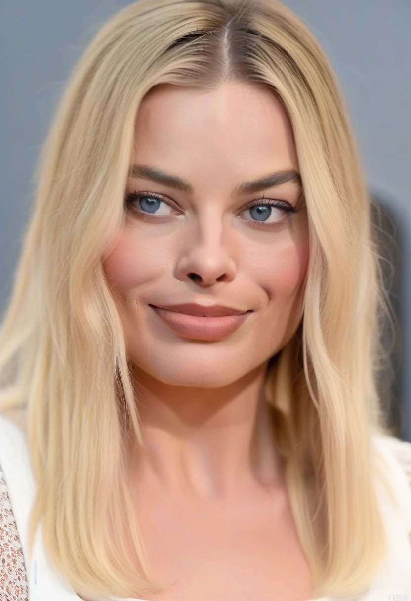 Full body photograph of MargotRobbie with long blonde hair posing for a portrait, smiling, white skin, blue eyes, Attractive beautiful face, (details on perfect nose and face) Beautiful attractive face, Beautiful face and flawless skin, Photo of a beautiful woman , Beautiful woman face, beautiful delicate face, Perfect face ), Beautiful perfect face, Beautiful features of a fine face, Attractive female face!!!, Portrait, Close-up of the perfect face, Perfect face model, white lingerie, modern lingerie , beautiful buttocks.