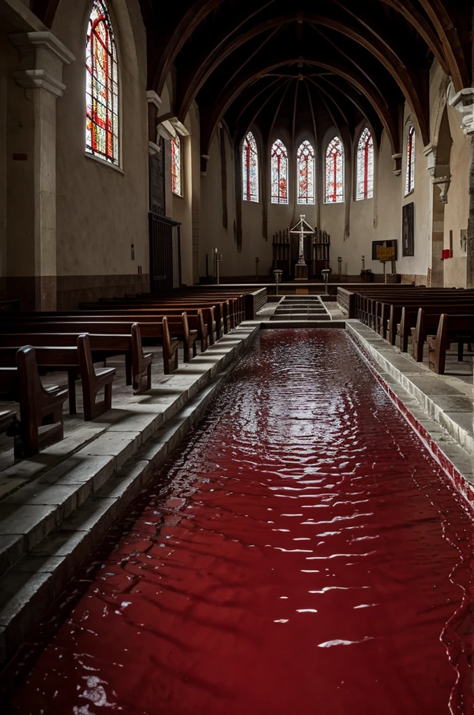 River of blood in front of a chapel
