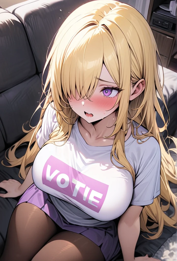 ((Best Quality)), ((Masterpiece)), (detailed), 1 girl, Pastel yellow hair, long hair, hair covers one eye, purple eyes, big breasts, big thighs, , white vote t-shirt, purple skirt, brown pantyhose, at home, watching a movie, scared, sitting on the sofa