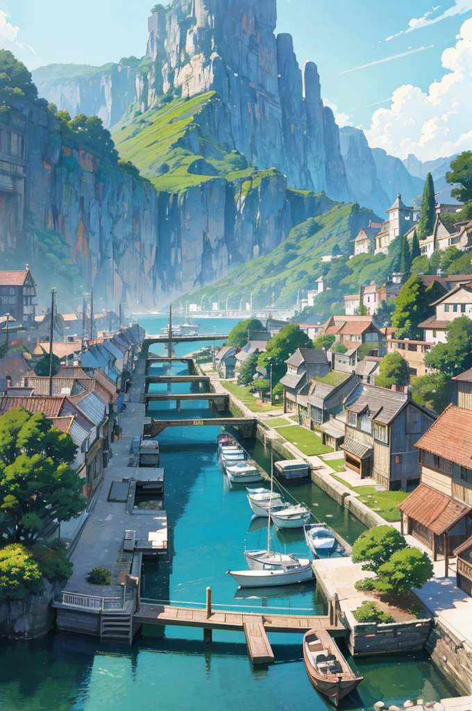 Idyllic coastal town drawn in a detailed ghibli art illustration style, bathed in sunlight, featuring European-style houses with terracotta roofs, a serene waterfront with wooden docks and anchored boats, and vintage cars parked along the wharf, set against a backdrop of lush foliage and distant mountains. Ghibli Studio anime style, Anime set concept art, Anime background design, Anime sets, Beautiful anime scene, Ghibli atmosphere, Ghibli Moebius, Greg Rutkowski Studio Ghibli