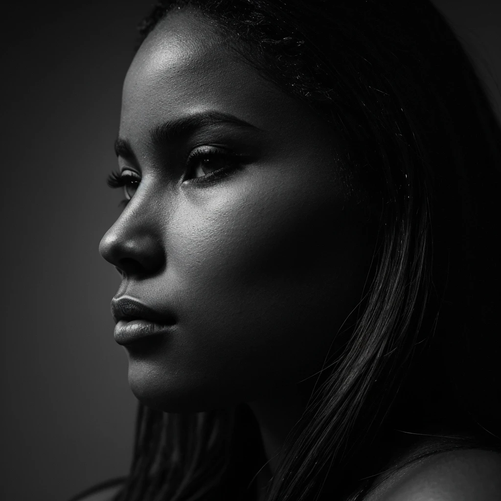 a beautiful black girl with a tear running down her face and a black background, inspired by casey baugh, light falling on face, by casey baugh, stars in her gazing eyes, inspired by Roy DeCarava, noir photorealism, mysterious portrait of a woman, inspired by Anna Füssli, chiaroscuro portrait, grainy black and white photo. close up on side profile