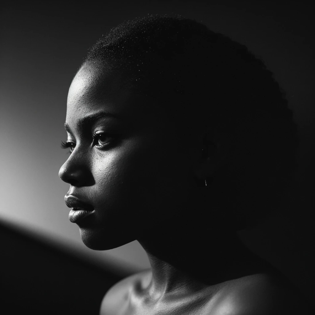 a beautiful black girl with a tear running down her face and a black background, inspired by casey baugh, light falling on face, by casey baugh, stars in her gazing eyes, inspired by Roy DeCarava, noir photorealism, mysterious portrait of a woman, inspired by Anna Füssli, chiaroscuro portrait, grainy black and white photo. close up on side profile