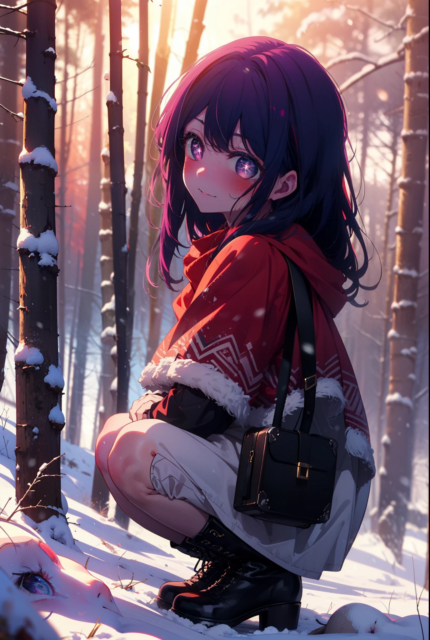 aihoshino, Ai Hoshino, Long Hair, bangs, (Purple eyes:1.1), Purple Hair, (Symbol-shaped pupil:1.5), smile,,smile,blush,White Breath,
Open your mouth,snow,Ground bonfire, Outdoor, boots, snowing, From the side, wood, suitcase, Cape, Blurred, , forest, White handbag, nature, Squat, Mouth closed, Cape, winter, Written boundary depth, Black shoes, red Cape break looking at viewer, Upper Body, whole body, break Outdoor, forest, nature, break (masterpiece:1.2), Highest quality, High resolution, unity 8k wallpaper, (shape:0.8), (Beautiful and beautiful eyes:1.6), Highly detailed face, Perfect lighting, Highly detailed CG, (Perfect hands, Perfect Anatomy),