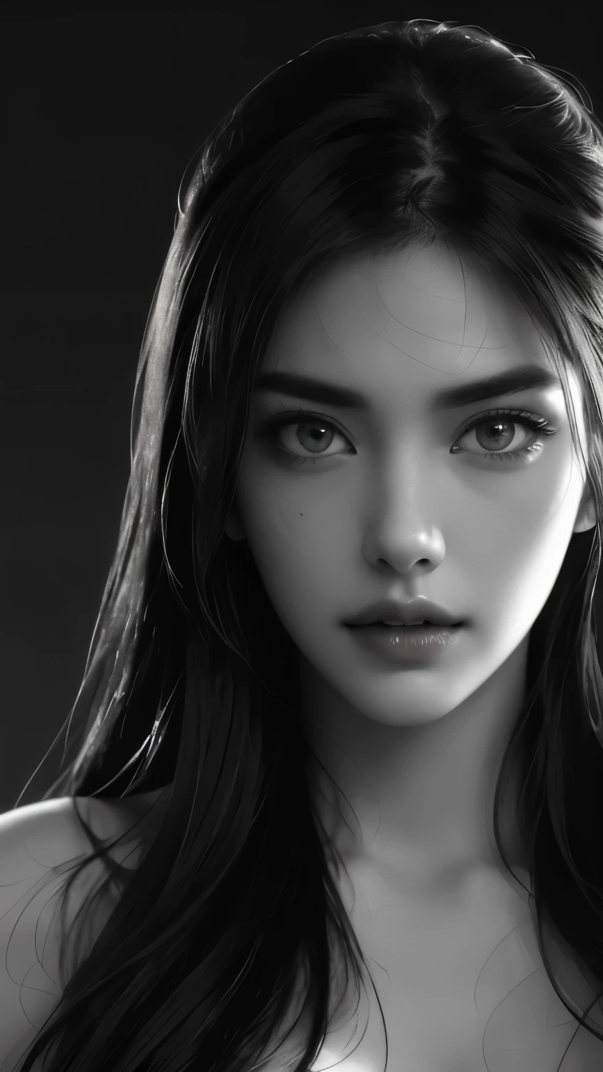 masterpiece, best quality, RAW photos, high resolution, hyper-detailing, Focus on the face, looking at viewer, Detailed eyebrows, realistic beautiful eyes, realistic glossy skin, straight Bangs, realistic movie lighting, detail shaded, high contrast, Slender, big boob, Big breasts, Exposed cleavage, nsfw, Sexy face, Facial expressions when receiving pleasure, ((Dark background)),