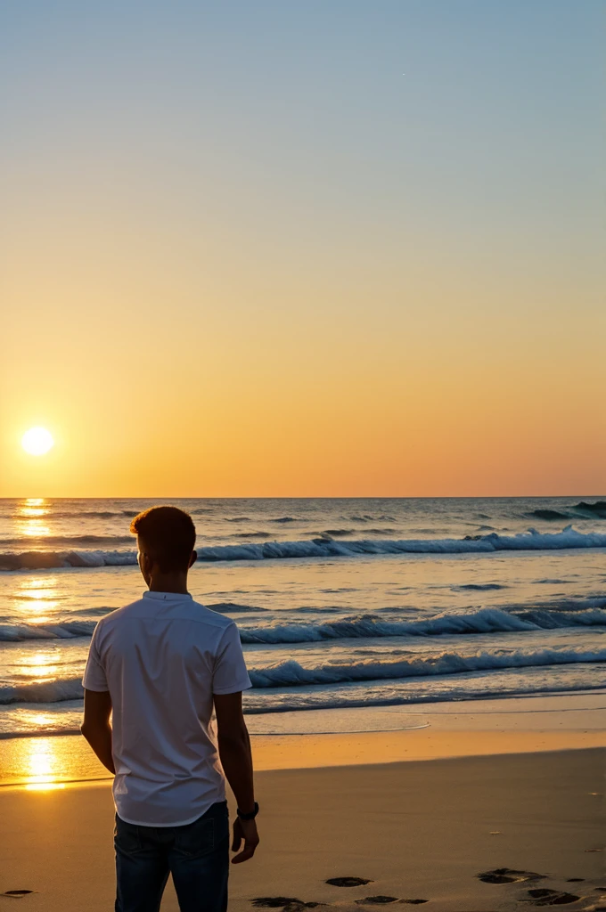 A beach with the sun setting and a young man watching the sun