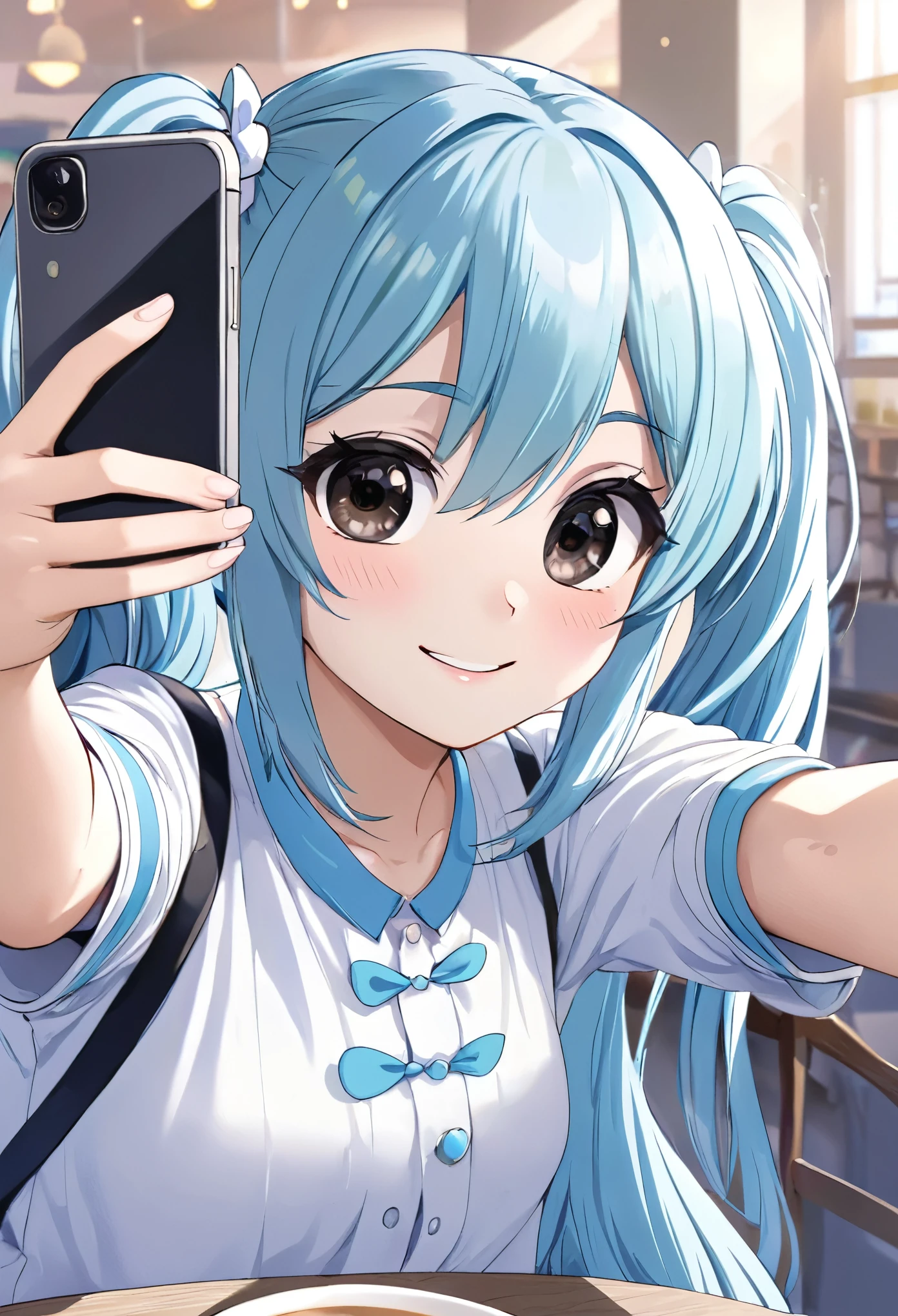 High quality 2D anime illustrations, Light blue hair、A 15-year-old girl with twin tails, Bright black eyes、Bright smile。Taking a selfie with your smartphone. Her face is bright、Be enthusiastic, Capture the joy of sharing your fun moments online. She has a cell phone, Take a selfie and post it, A casual background, Daily Settings, Like her room or cafe. The outfit is trendy、White is her favorite color., It reflects her stylish and sociable personality.. This scene、Her connection to the online community and、It depicts the love of sharing experiences.。.
