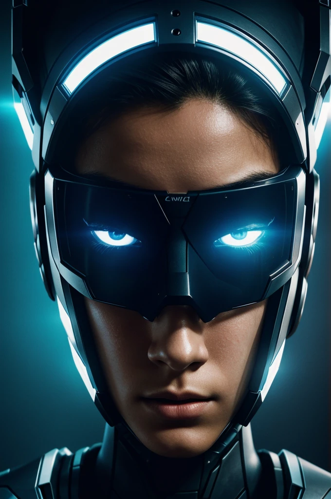 Intensely the film, a captivating poster. The composition exudes cinematic lighting and color gradation. Show the face of a Cyborg ager, half of the teen's face and half of the robot's face. With a futuristic atmosphere, with flashy lights.