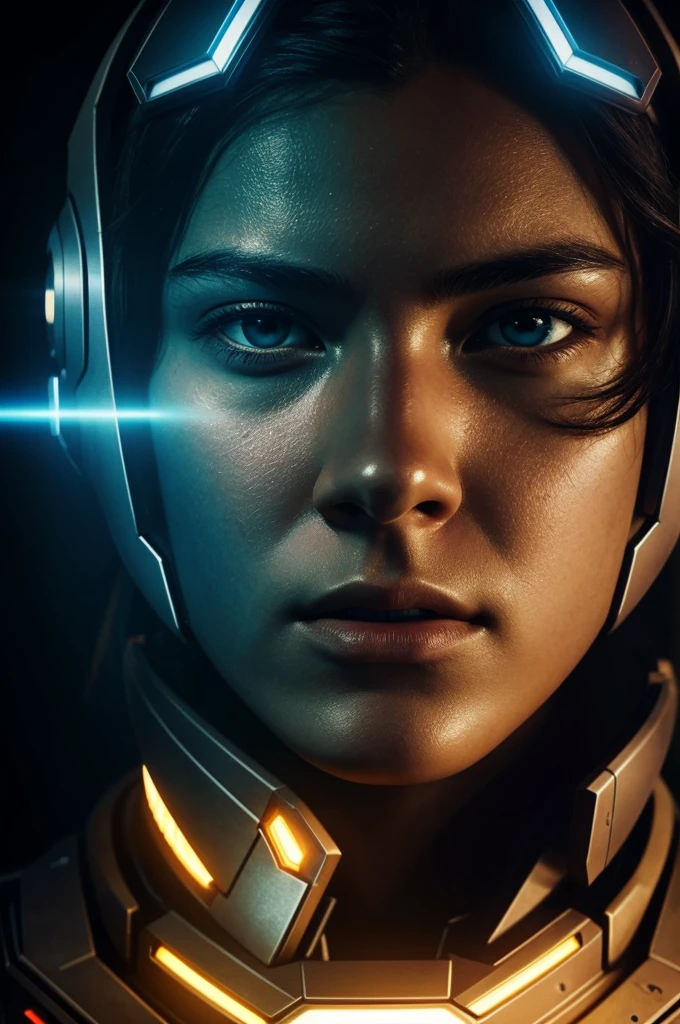 Intensely the film, a captivating poster. The composition exudes cinematic lighting and color gradation. Show the face of a Cyborg teenager, half of the teenager's face and half of the robot's face. With a futuristic atmosphere, with flashy lights.