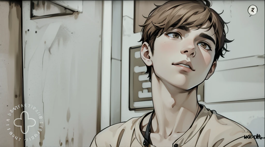 There is a young man with brown hair, brown eyes, and he is asking questions.