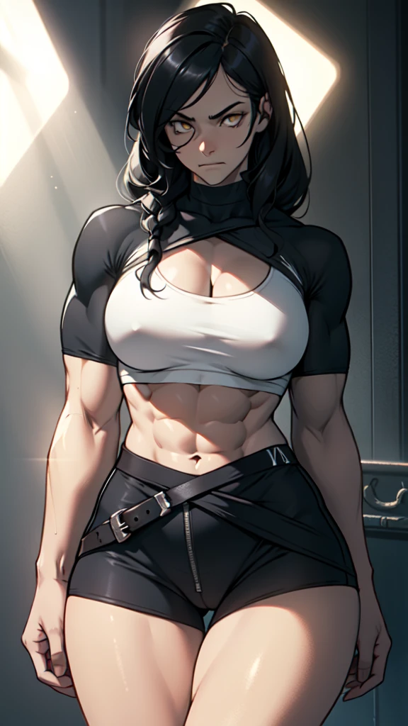 (((muscular girl))) ((thin waist toned body large breasts thick thighs)) pale skin girl black hair yellow eyes frown chiaroscuro drop shadow backlighting god rays