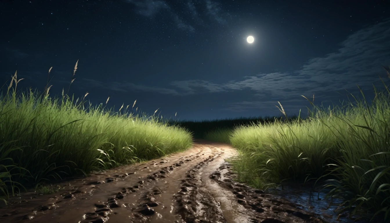 An image of a deserted mud road at night, surrounded by tall grass on both sides and with little lighting. PICTURE REALISTIC, high resolution, 8K 