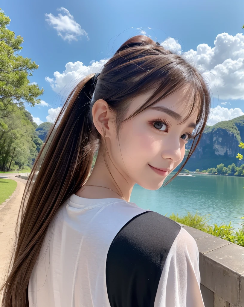 (Highest quality, 32k, High resolution, Masterpiece:1.5, ), marimo_jet, god々A photograph with brilliant dazzling and healing power., Evoking a sense of calm and elusive beauty, Expressing emotions, Have a rich imagination, The road to the horizon, Nostalgic scenery of youth, Beautiful Japanese Girls, An exceptionally beautiful face, Small Face Beauty, Perfect Human Anatomy, Magical big eyes, Motherhood and generosity, Deep Love, fleeting smile, ((Shiny brown hair:1.1)), ((A beautiful ponytail swaying in the wind)), Asymmetrical bangs, Hair between the eyes, Transparent, soft white skin, Sharp eyebrows, Thin lashes, Natural Makeup, Cheek highlighter, Pale pink detailed lips, (Black T-shirt:1.3), ((High resolutionの美しい太もも, Beautiful legs), ((Karst Earth)), Beautifully detailed skies, Professional Photographer, Professional Lighting, Professional Model