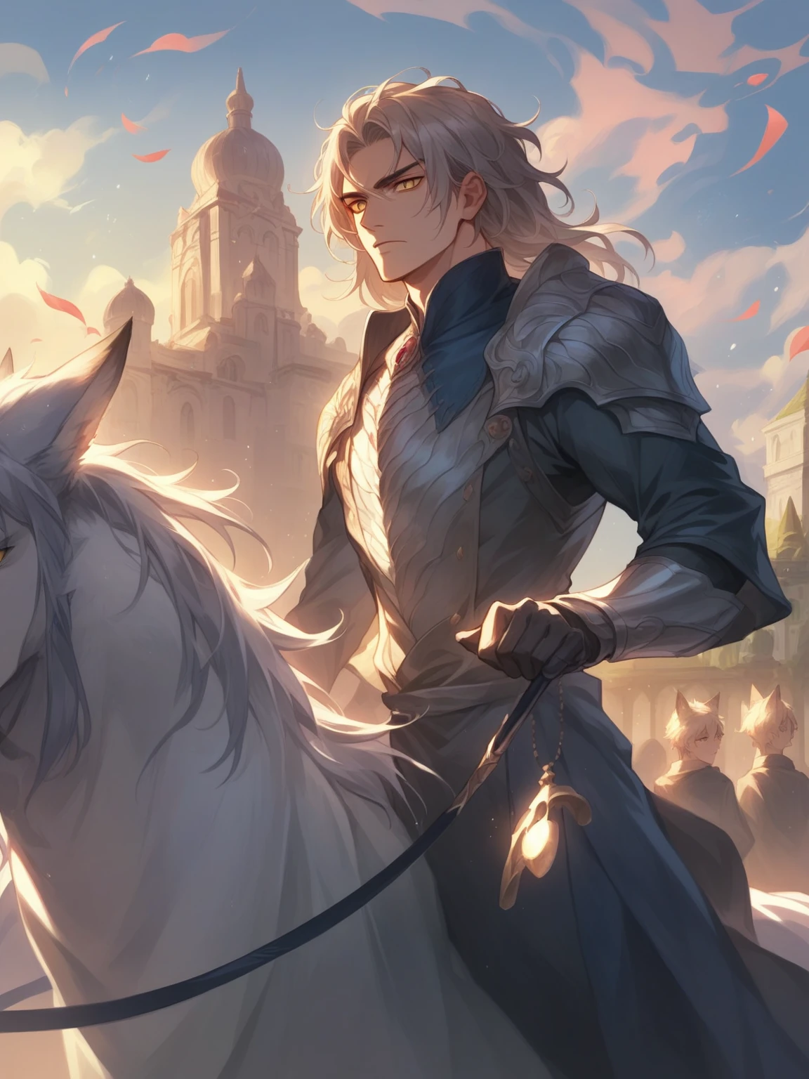 ((Highest quality)), ((masterpiece)), (detailed), ((Perfect Face))、Miyabi,male, length, Flowing silver hair and delicate strands.
sharp, sharp golden eyes. Has fox ears on top of his head.
Serious and a little mysterious.Pale and smooth.
She is wearing a robe with a slightly open chest., Revealing part of her toned upper body.
The characters exude elegance and strength., Has a calm and mysterious feel. The lighting accentuates his facial features and the texture of his hair., create software, An almost ethereal glow.、He came to pick me up in the rain with an umbrella.