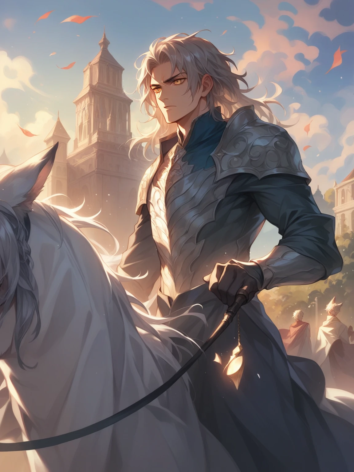 ((Highest quality)), ((masterpiece)), (detailed), ((Perfect Face))、Miyabi,male, length, Flowing silver hair and delicate strands.
sharp, sharp golden eyes. Has fox ears on top of his head.
Serious and a little mysterious.Pale and smooth.
She is wearing a robe with a slightly open chest., Revealing part of her toned upper body.
The characters exude elegance and strength., Has a calm and mysterious feel. The lighting accentuates his facial features and the texture of his hair., create software, An almost ethereal glow.、He came to pick me up in the rain with an umbrella.