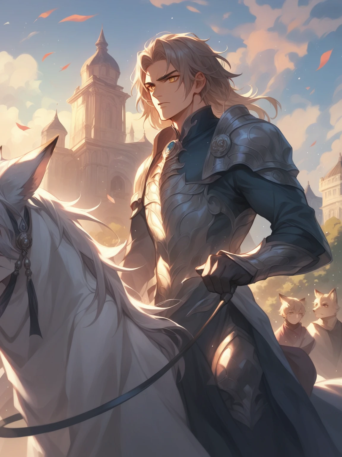 anime. alta qualidade. Cidade medieval. Homem forte. segurando espada. pele escura. Cabelos Longos. blue skies. Musculos. Espada longa. Armadura