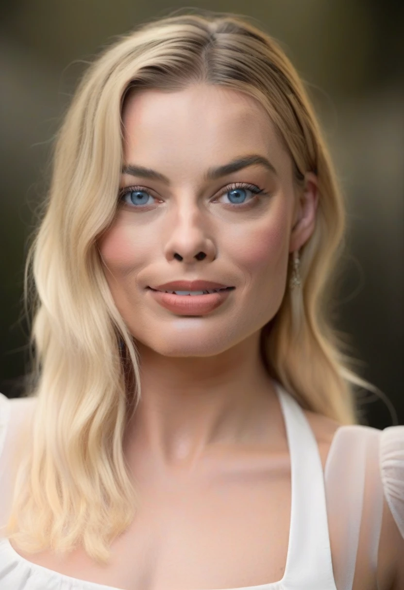 Full body photograph of MargotRobbie with long blonde hair posing for a portrait, smiling, white skin, blue eyes, Attractive beautiful face, (details on perfect nose and face) Beautiful attractive face, Beautiful face and flawless skin, Photo of a beautiful woman , Beautiful woman face, beautiful delicate face, Perfect face ), Beautiful perfect face, Beautiful features of a fine face, Attractive female face!!!, Portrait, Close-up of the perfect face, Perfect face model, white lingerie, modern lingerie , beautiful buttocks.