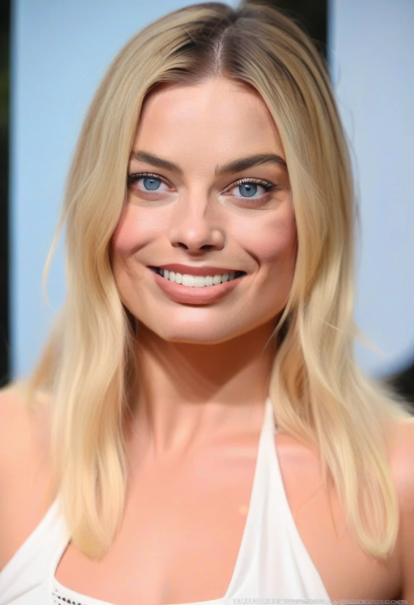 Full body photograph of MargotRobbie with long blonde hair posing for a portrait, smiling, white skin, blue eyes, Attractive beautiful face, (details on perfect nose and face) Beautiful attractive face, Beautiful face and flawless skin, Photo of a beautiful woman , Beautiful woman face, beautiful delicate face, Perfect face ), Beautiful perfect face, Beautiful features of a fine face, Attractive female face!!!, Portrait, Close-up of the perfect face, Perfect face model, white lingerie, modern lingerie , beautiful buttocks.