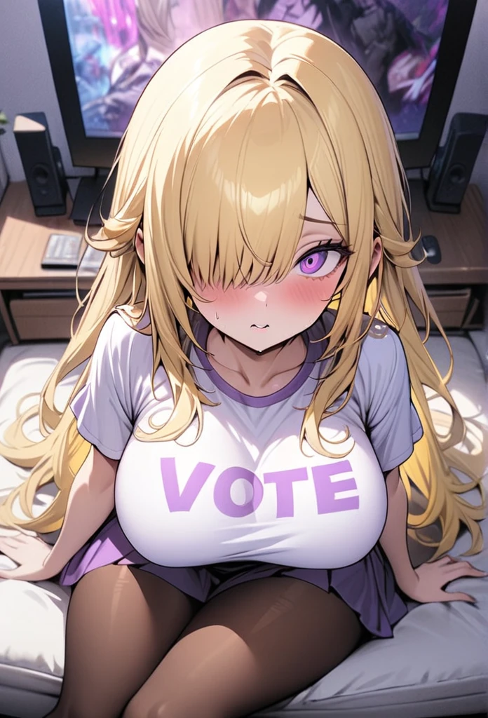 ((Best Quality)), ((Masterpiece)), (detailed), 1 girl, Pastel yellow hair, long hair, hair covers one eye, purple eyes, big breasts, big thighs, , white vote t-shirt, purple skirt, brown pantyhose, at home, watching a movie, scared, sitting on the sofa, watching television not the viewer