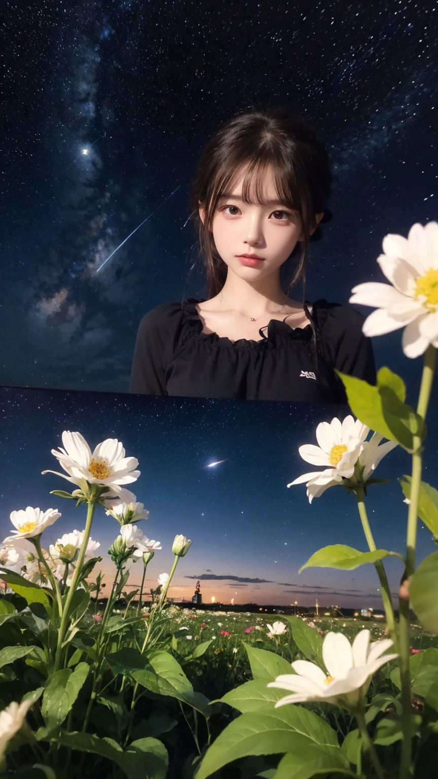 Close-up shot, an Anime  wearing a white glass , standing on the land,night view ,Many stars on the night sky,The Milky Way ,colorful flowers,headshot close-up, oil painting style, very obvious oil painting strokes, impressionist palette style, 32k uhd, beautiful, booru, Old time, color cartoon --ar 3:4 --
