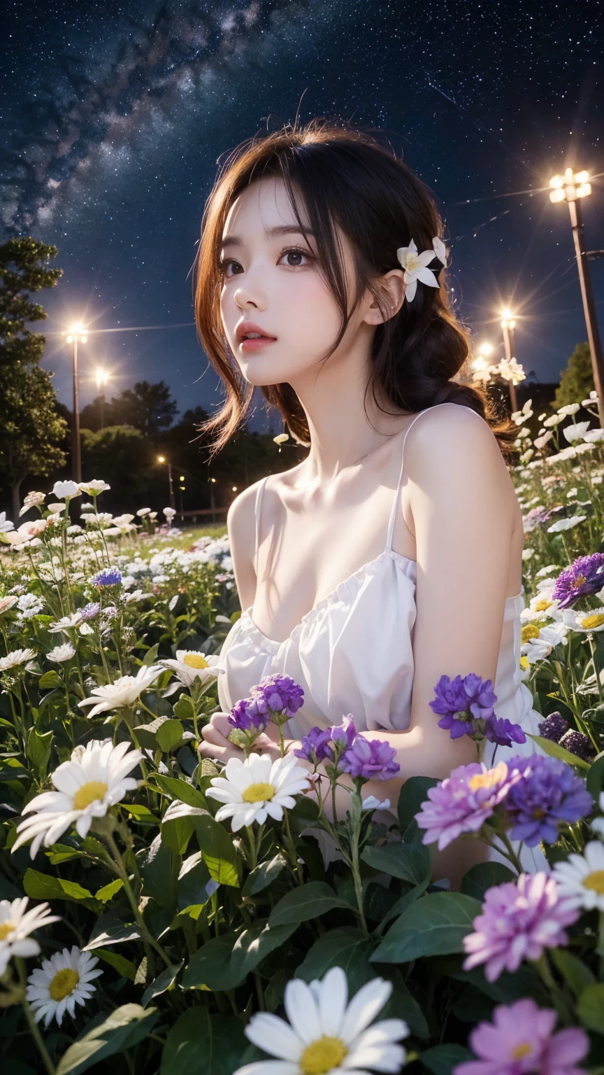 Close-up shot, an Anime  wearing a white glass , standing on the land,night view ,Many stars on the night sky,The Milky Way ,colorful flowers,headshot close-up, oil painting style, very obvious oil painting strokes, impressionist palette style, 32k uhd, beautiful, booru, Old time, color cartoon --ar 3:4 --