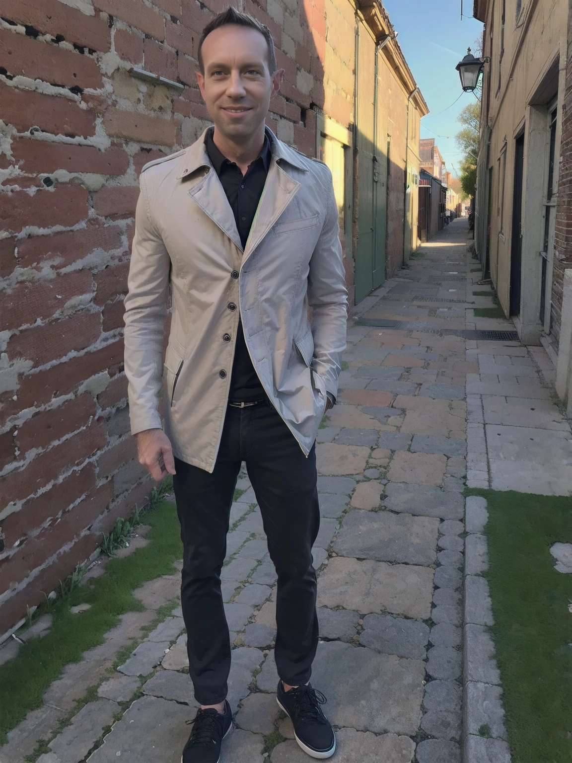 (highres,masterpiece:1.2), ultra-detailed, realistic:1.37, HDR, man ,solo, Todder8 Todder1 in the street with pea coat (stylish shoes), painted brick walls, berlin cobblestone pavement,lively city atmosphere,vibrant colors,soft golden light,cool blue tones