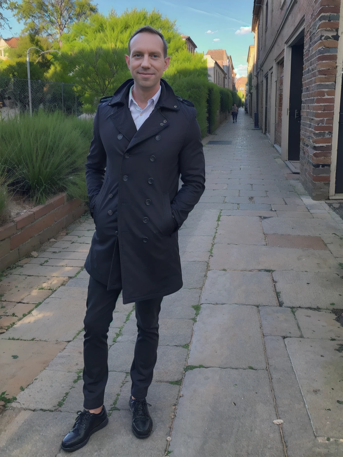 (highres,masterpiece:1.2), ultra-detailed, realistic:1.37, HDR, man ,solo, Todder8 Todder1 in the street with pea coat (stylish shoes), painted brick walls, berlin cobblestone pavement,lively city atmosphere,vibrant colors,soft golden light,cool blue tones