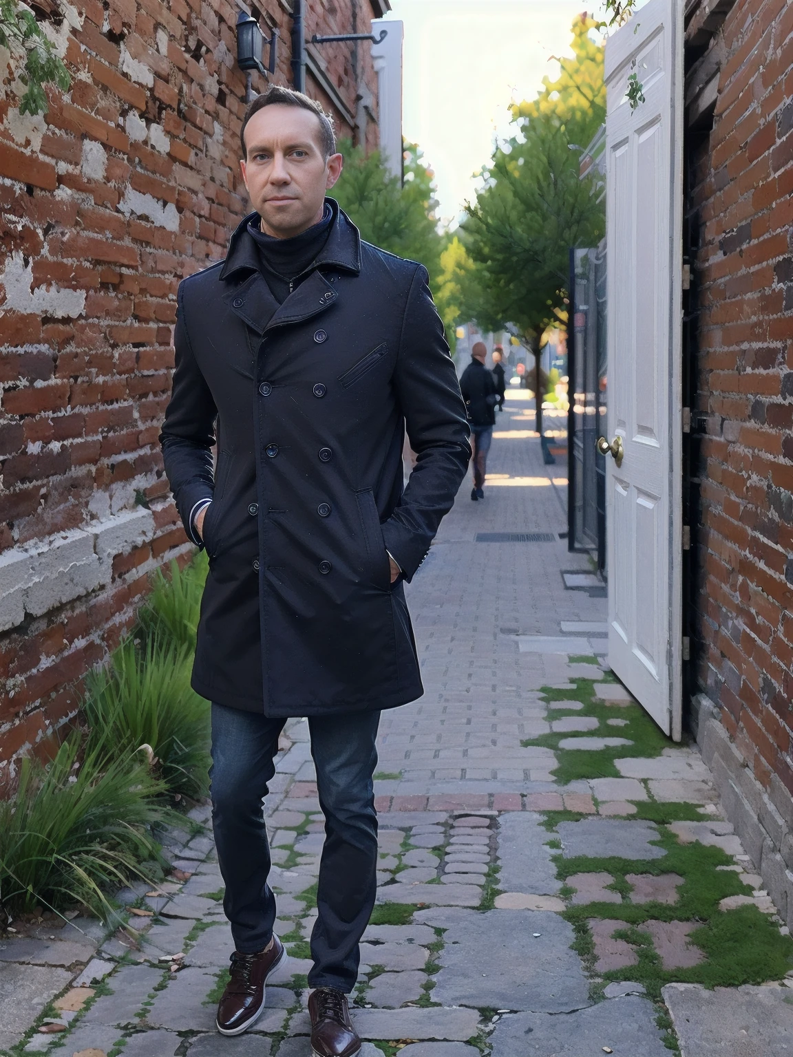 (highres,masterpiece:1.2), ultra-detailed, realistic:1.37, HDR, man ,solo, Todder8 Todder1 in the street with pea coat (stylish shoes), painted brick walls, berlin cobblestone pavement,lively city atmosphere,vibrant colors,soft golden light,cool blue tones