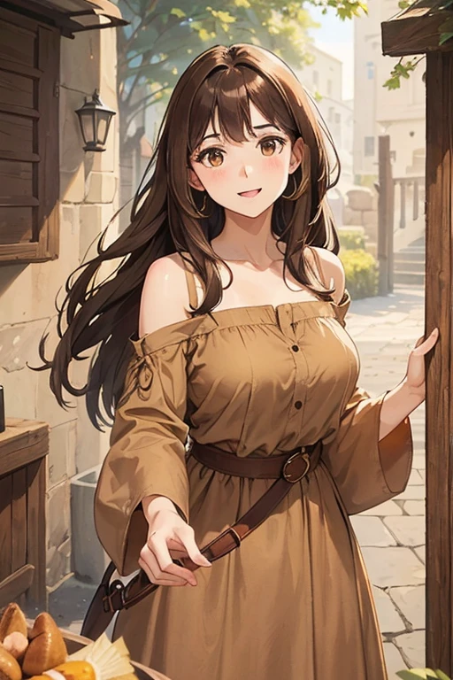 A straight haired brunette adult female wearing loose brown dress, warm brown colored linen shirt with cuffed sleeves, low neckline, medieval, brown hair, large long shaped tits, silly personalty, cute happy demeanor, sunny disposition, deredere,