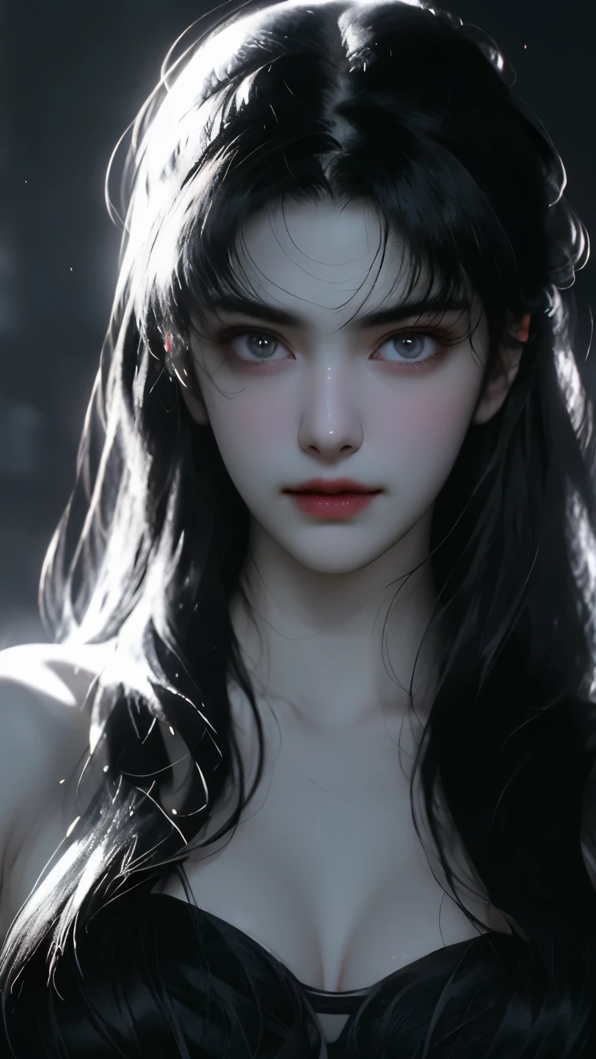masterpiece, best quality, RAW photos, high resolution, hyper-detailing, Focus on the face, looking at viewer, Detailed eyebrows, realistic beautiful eyes, realistic glossy skin, straight Bangs, realistic movie lighting, detail shaded, high contrast, Slender, big boob, Big breasts, Exposed cleavage, nsfw, Sexy face, Facial expressions when receiving pleasure, ((Dark background)),