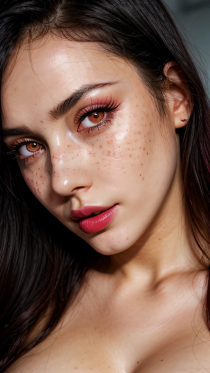 beautiful lady, ((juicy pink lips)),red eyes, black hair, freckles, dark makeup, hyper detailed photography, soft light, ,, best quality, (detailed beautiful face, detail skin texture, ultra-detailed body:1.1), (massive perfect breast), closeup portrait, snoopy breast, naked , dark atmosphere, highly detailed skin texture, extreme details,