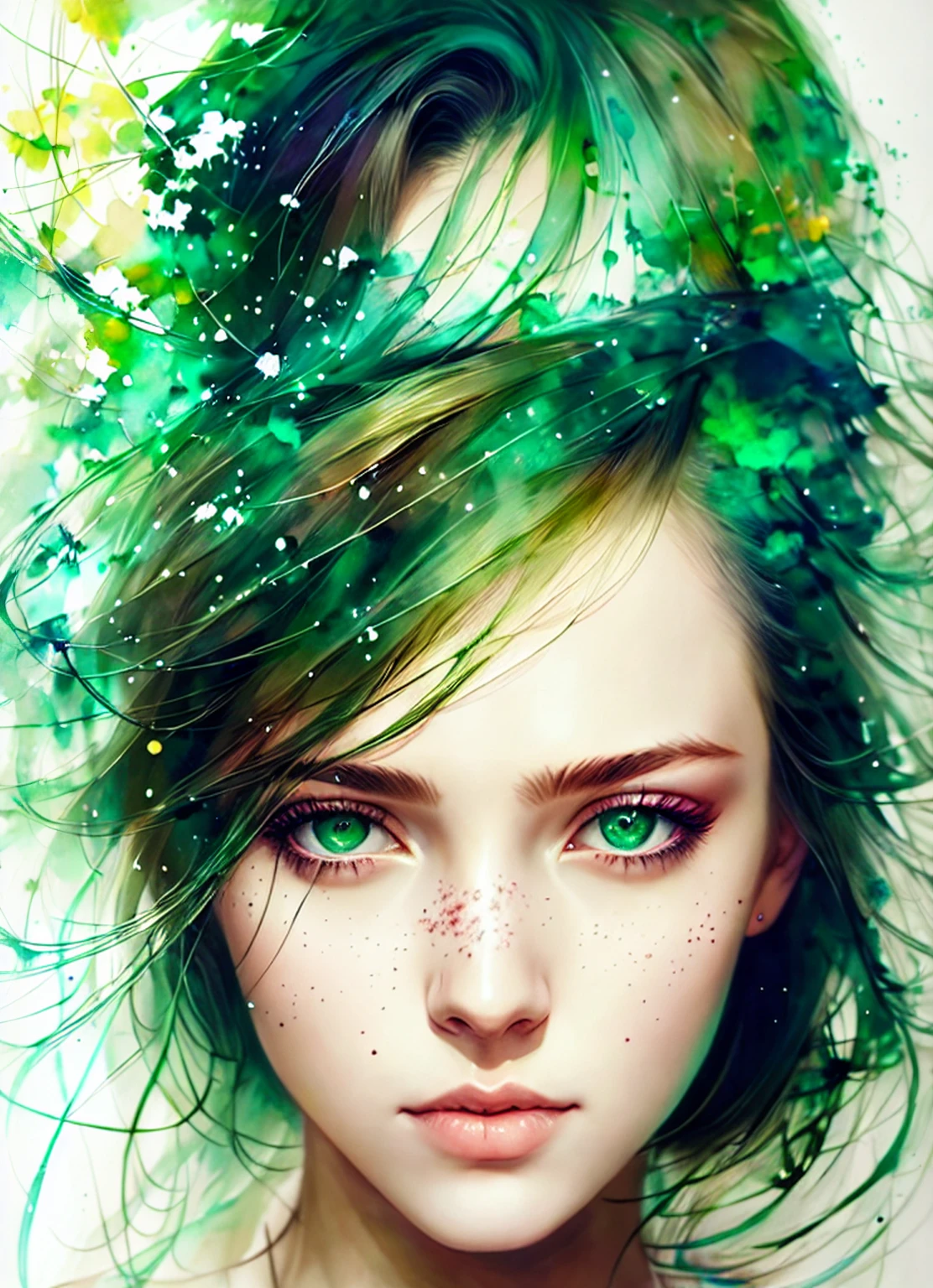 a woman by agnes cecile, luminous design, pastel colours, ink drips, autumn lights, detailed Turmaline Green eyes
