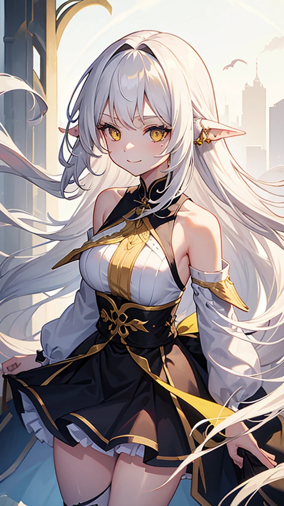 1 girl, One, flowing long hair, yellow eyes, White hair, bare shoulders, skirt, breast, cut off sleeves, long sleeves, hair flaps, closed mouth, black skirt, shirt, pointed ears, smile, большая breast