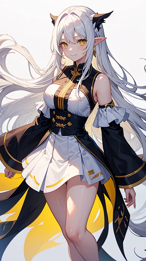 1 girl, One, flowing long hair, yellow eyes, White hair, bare shoulders, skirt, breast, cut off sleeves, long sleeves, hair flaps, closed mouth, black skirt, shirt, pointed ears, smile, большая breast