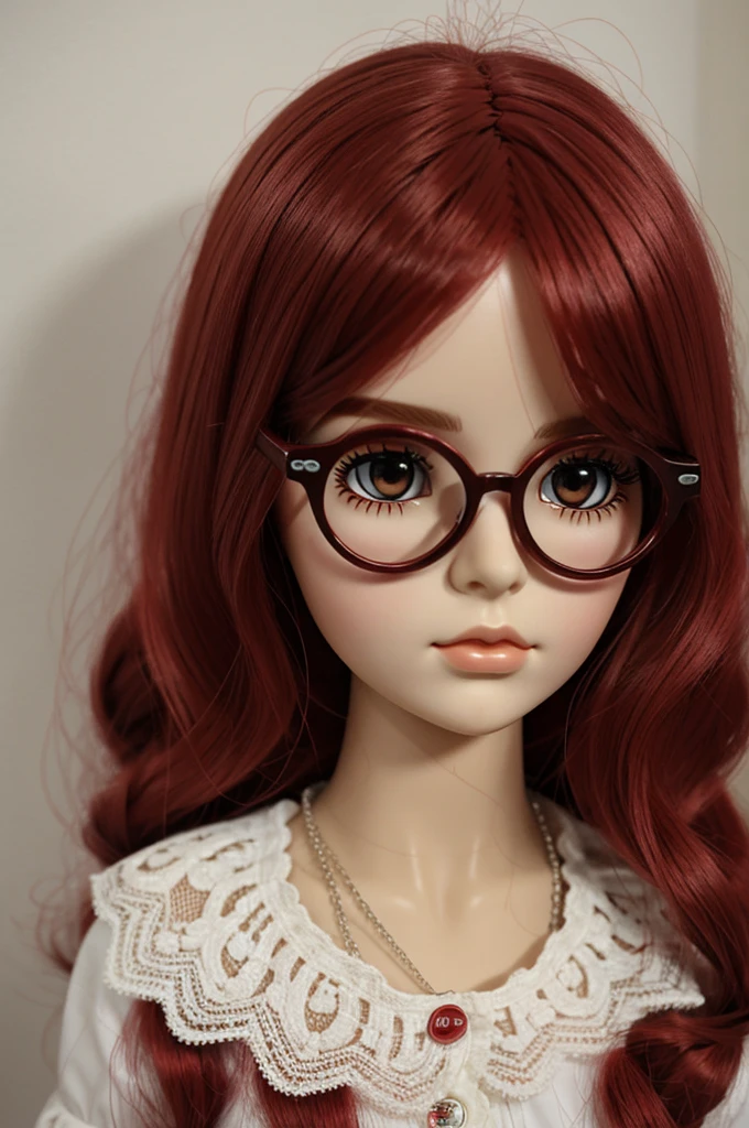 Una blythe doll con cabello rojo, lentes y piercing