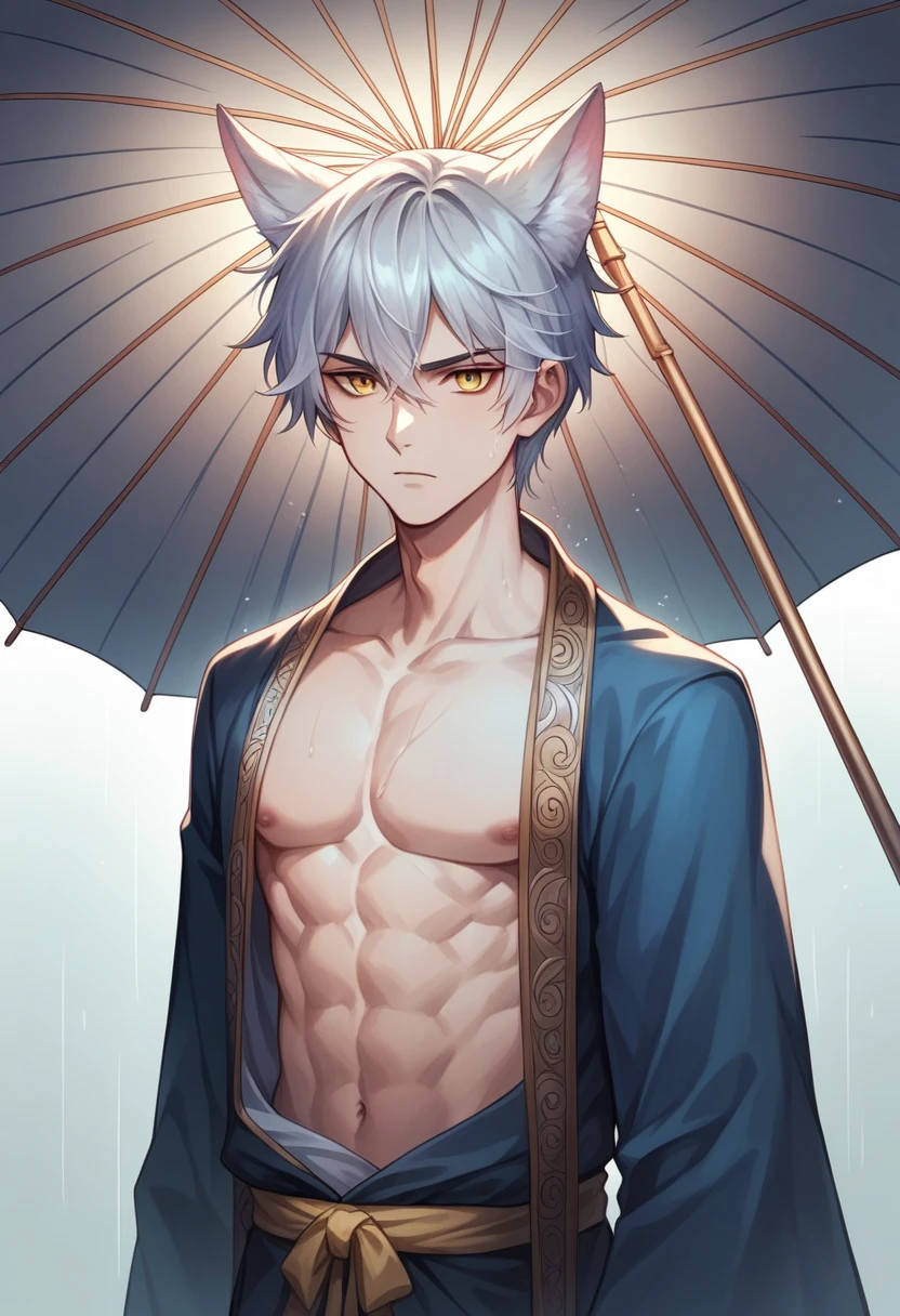 ((Highest quality)), ((masterpiece)), (detailed), ((Perfect Face))、Miyabi,male, length, Flowing silver hair and delicate strands.
sharp, sharp golden eyes. Has fox ears on top of his head.
Serious and a little mysterious.Pale and smooth.
She is wearing a robe with a slightly open chest., Revealing part of her toned upper body.
The characters exude elegance and strength., Has a calm and mysterious feel. The lighting accentuates his facial features and the texture of his hair., create software, An almost ethereal glow.、He came to pick me up in the rain with an umbrella.