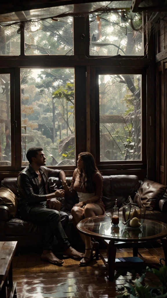 Interior view of wooden house with large glass window overlooking a forest, The weather is heavy rain, agua escorre no vidro, clima frio, sem neve, Dense forest outside, lareira com fogo baixo, livros na estante, wooden table with cups of hot coffee for two, A man and a woman are sitting on a brown leather sofa, eles conversam e riem.